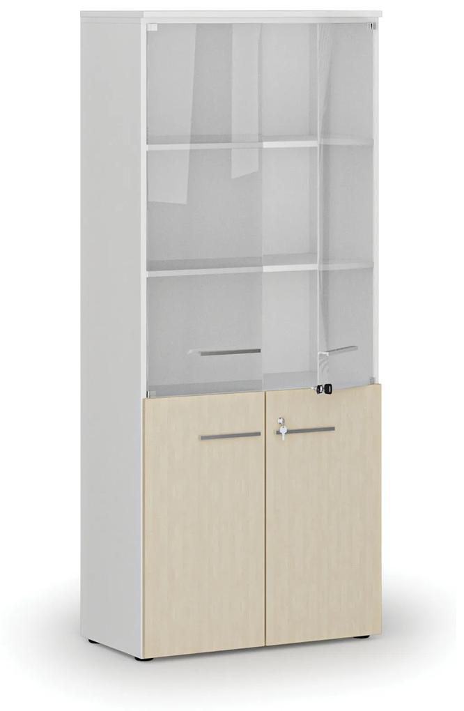 Kombinovaná kancelárska skriňa PRIMO WHITE s drevenými a sklenenými dverami, 1781 x 800 x 420 mm, biela/buk