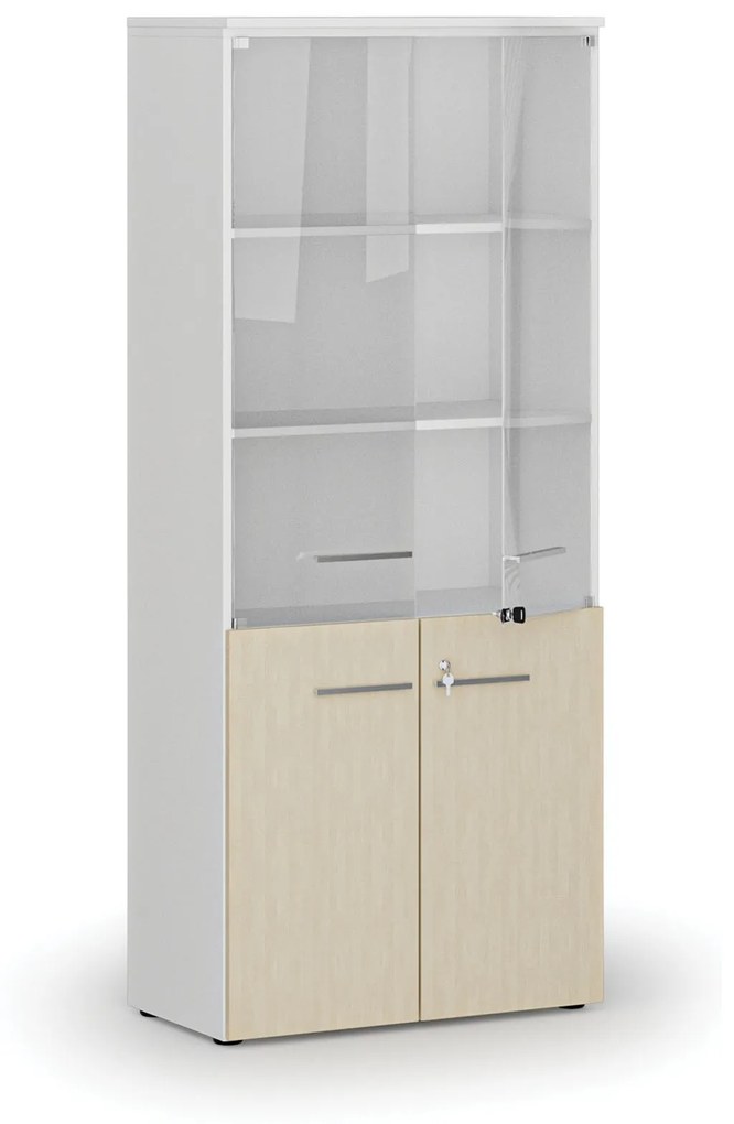 Kombinovaná kancelárska skriňa PRIMO WHITE s drevenými a sklenenými dverami, 1781 x 800 x 420 mm, biela/grafit