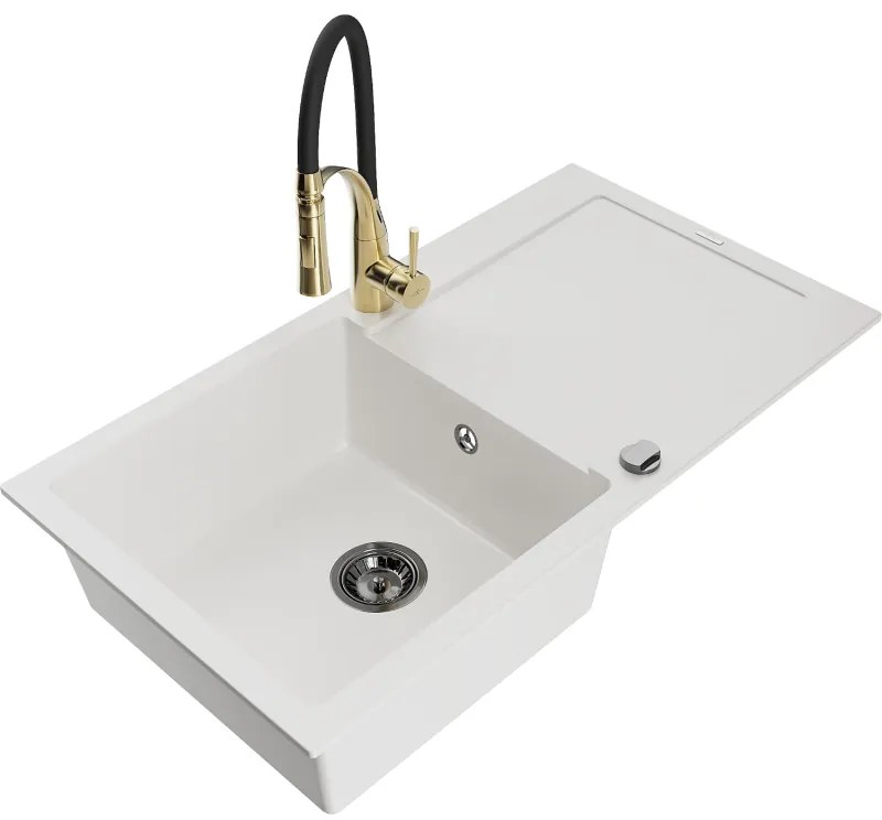Mexen Leo, granitový drez 900x500x190 mm, 1-komorový a drezová batéria Aster, biela, 6501-20-73450-57-B