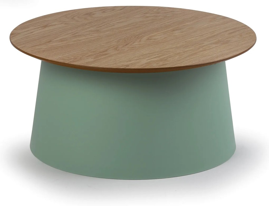 Plastový kávový stolík SETA s drevenou doskou, priemer 69 cm, dub/zelená