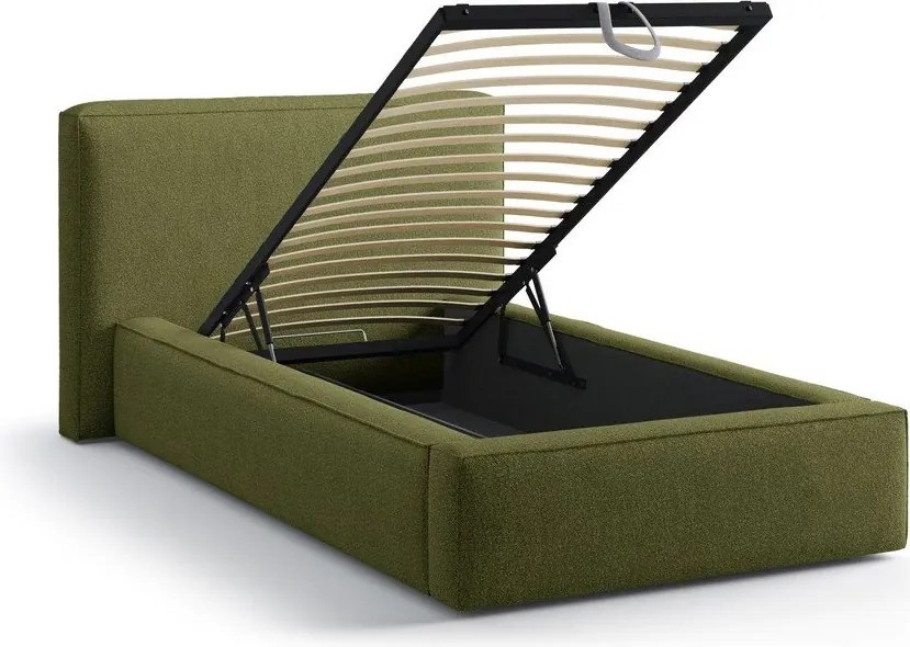 Zelená čalúnená jednolôžková posteľ s úložným priestorom s roštom 90x200 cm Jodie – Micadoni