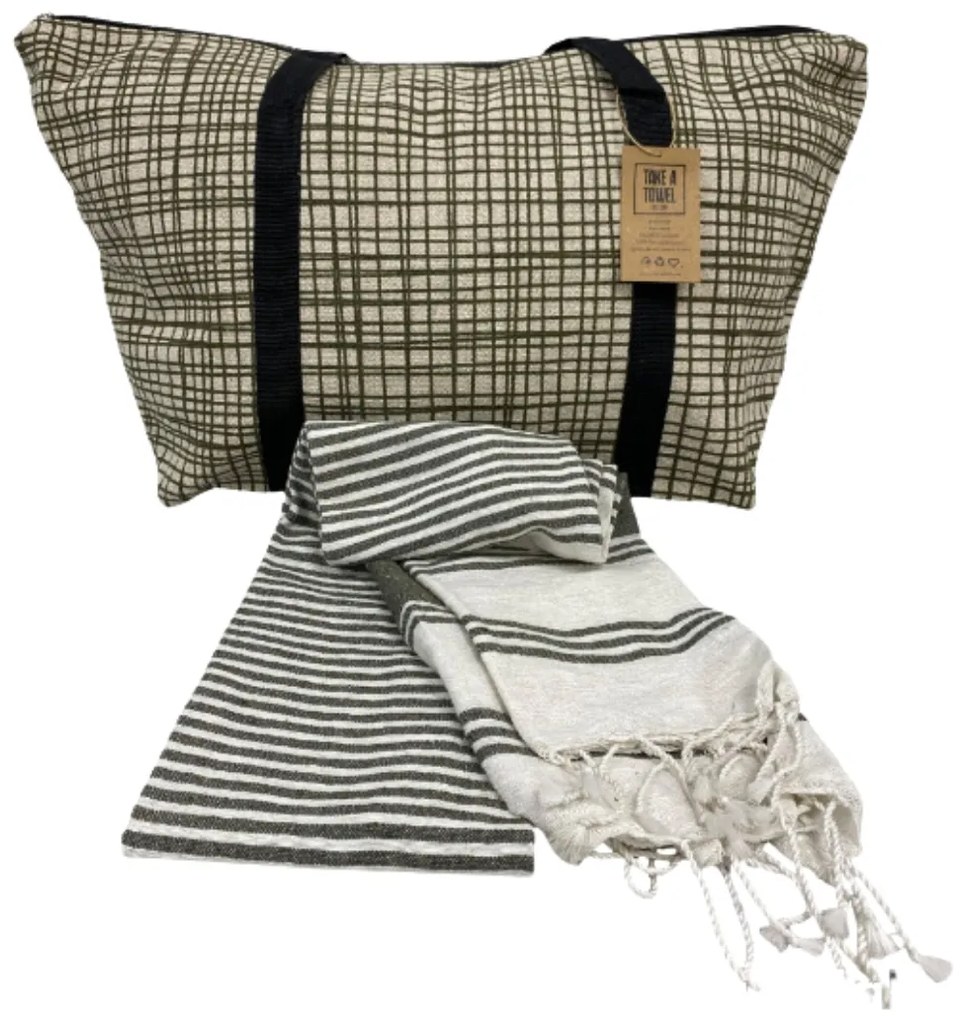 Štýlový set plážovej tašky + osušky HAMAM 75x150 cm, khaki
