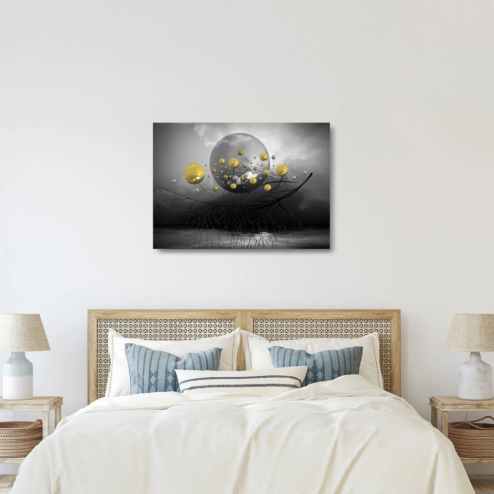 Sklenený obraz zlatých abstraktných gulí (70x50 cm)