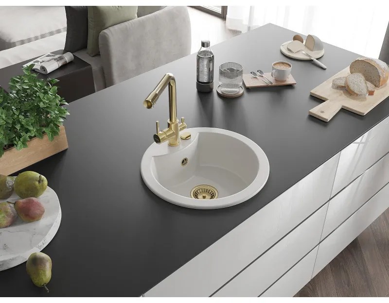 Mexen Diego, 1-komorový granitový drez 488x488x167 mm, zlatá batéria Duero, biela, 6512-20-671600-50