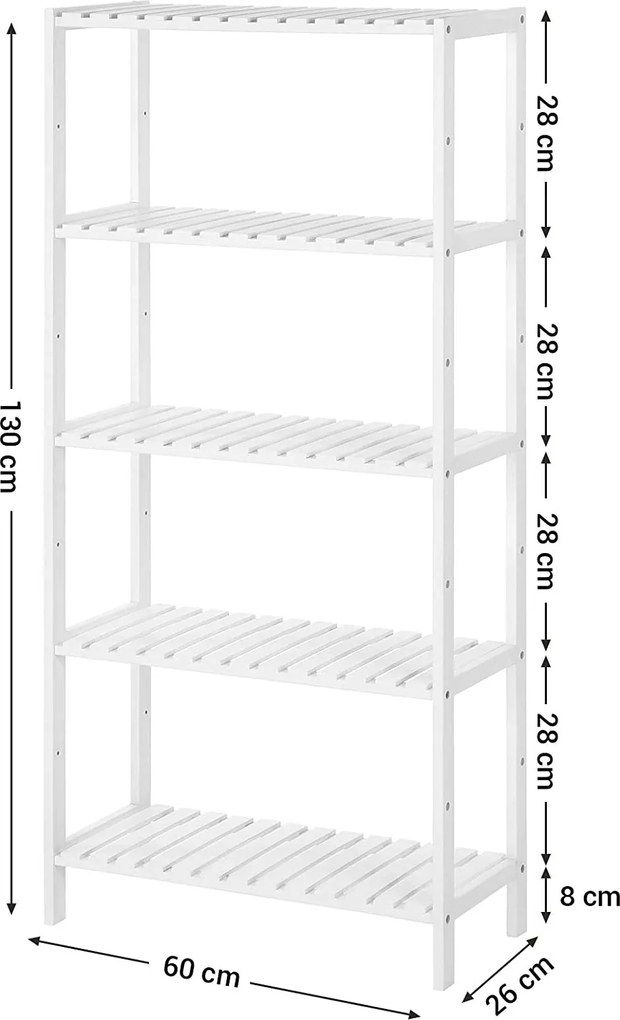 Úložný regál, 5 úrovní, výškovo nastaviteľný 60 x 130 x 26 cm, biely