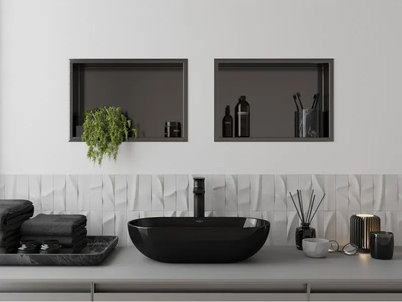 Mexen X-Wall-R, polica na zapustenie s prírubou  45 x 30 cm, grafitová matná - 19E0453010