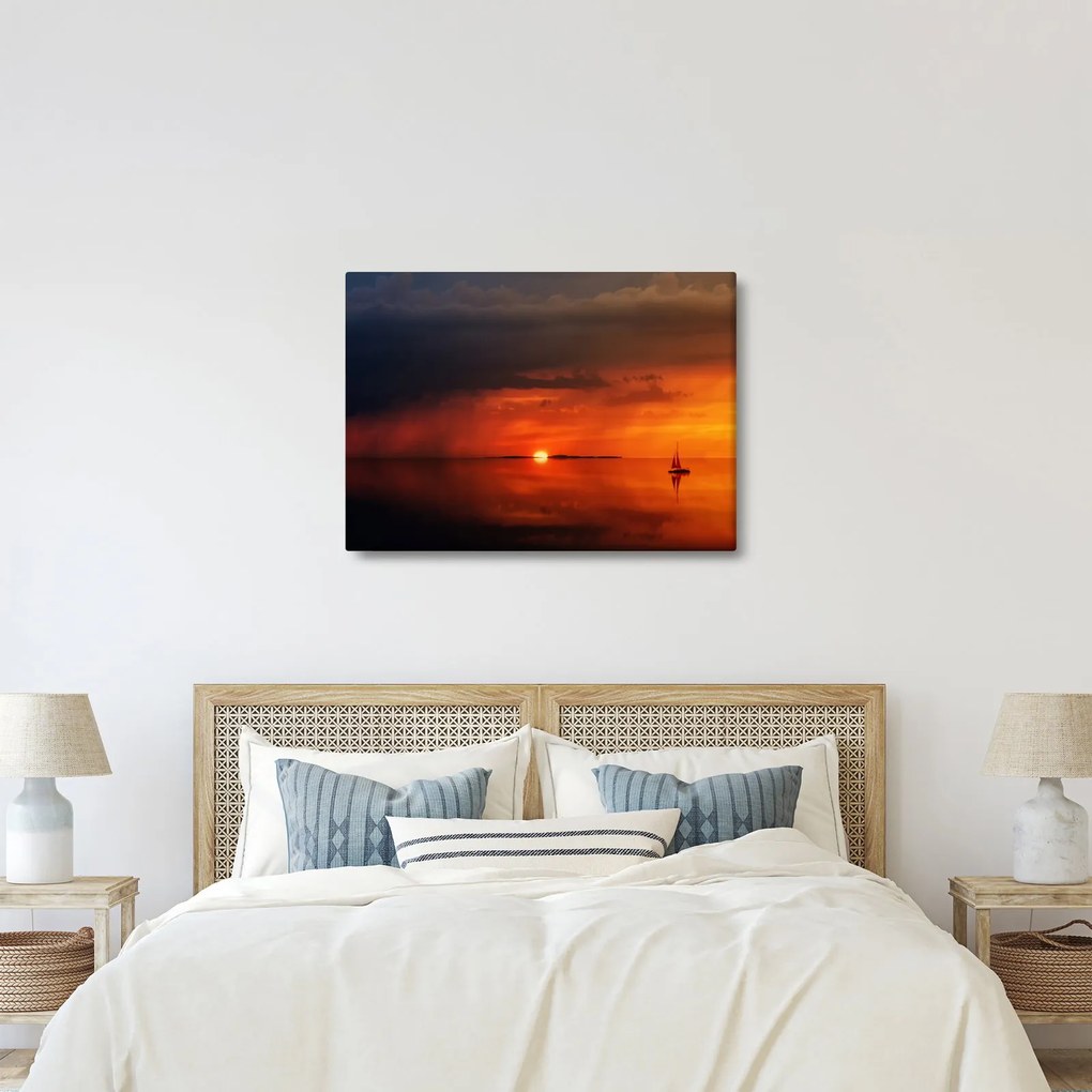 Obraz západu slnka s plachetnicou (70x50 cm)