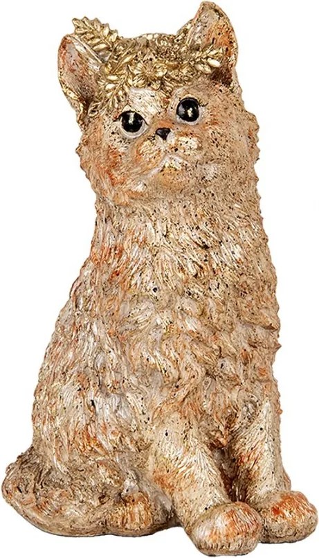 Dekorácia béžová mačka so zlatou patinou a kvetinou - 16*14*25 cm