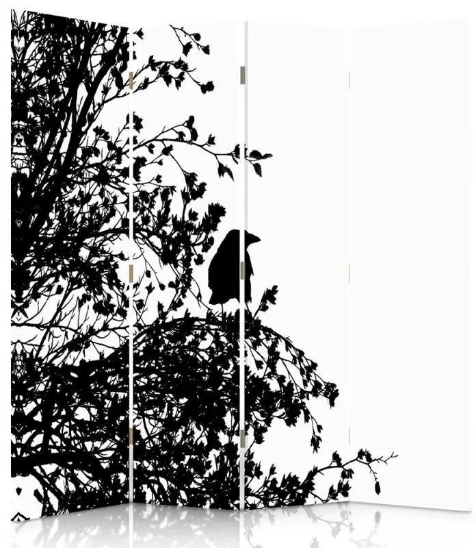 Ozdobný paraván Černobílý pták - 145x170 cm, štvordielny, klasický paraván