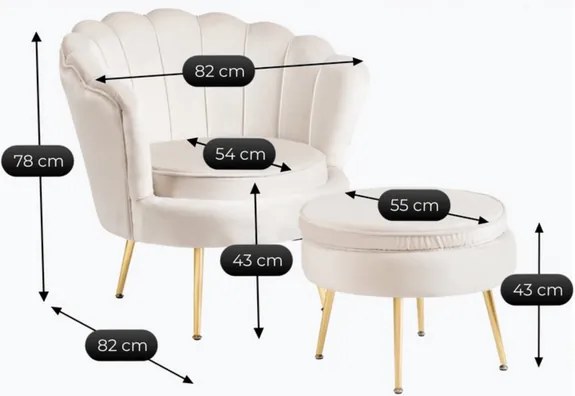Kreslo LOREN s podnožkou, krémové, z velúru