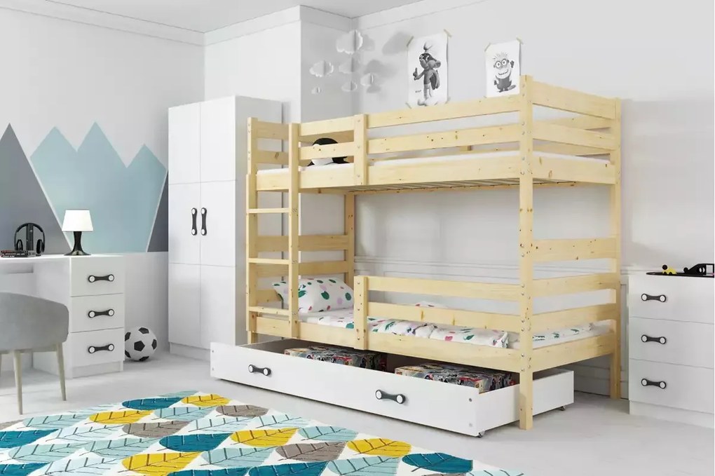Poschodová posteľ so zásuvkou a matracmi ERIK natural 190x90 borovica - biela