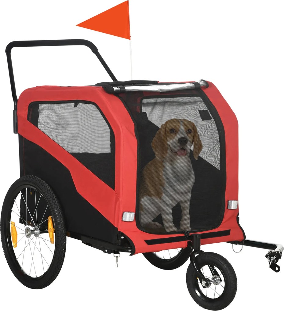 PawHut 2-v-1 Psí Príves, Bicyklový Príves pre Psov, Psí Vozík s Reflexnými prvkami, Psí Buggy max. 30 kg, Bicyklový Príves pre Veľké Psy, Oxfordská Tk