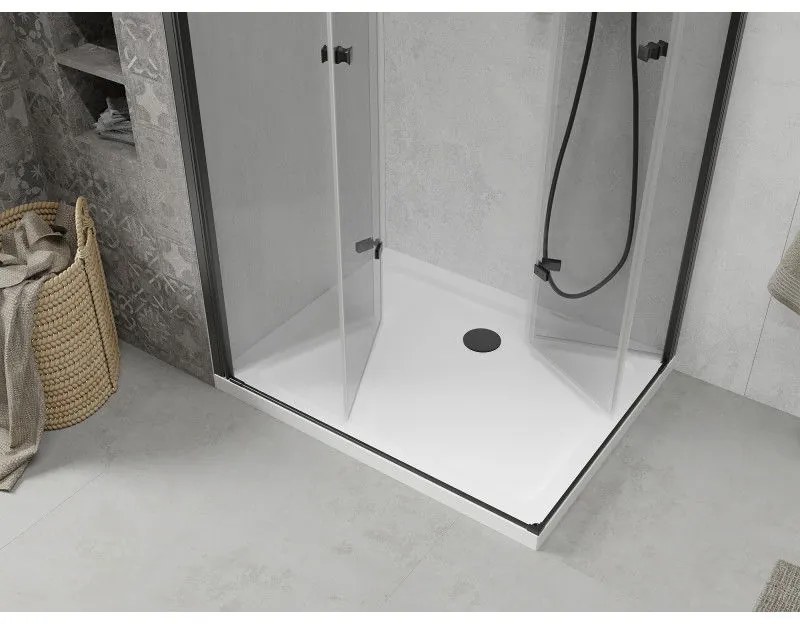 Mexen Lima Duo, sprchovací kút s 2-krídlovými skladacími dverami 80 (dvere) x 70 (dvere) cm, 6mm číre sklo, čierny profil + slim sprchová vanička 5cm biela s čiernym sifónom, 856-080-070-70-02-4010B