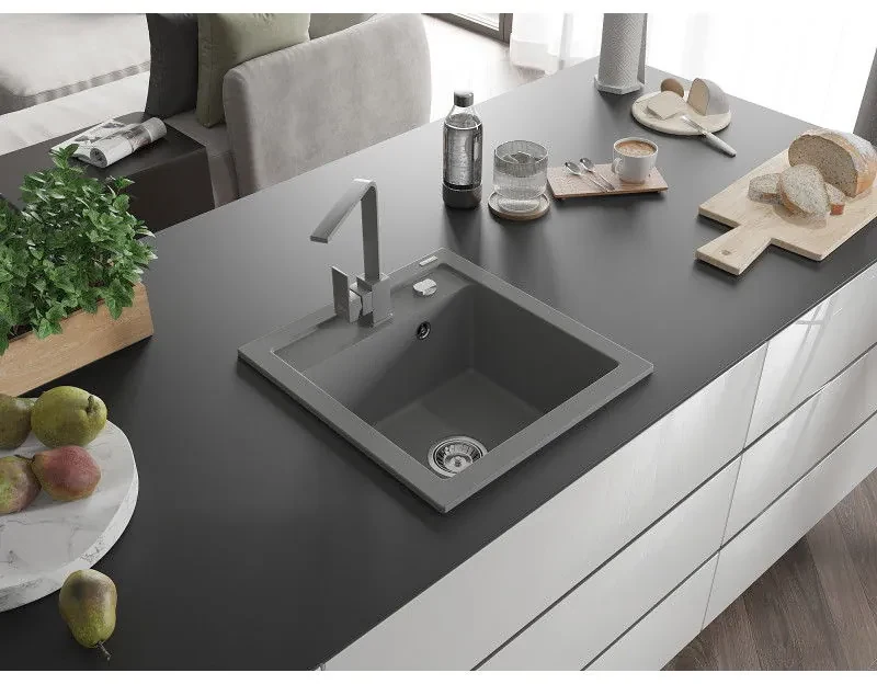 Mexen Vito, 1-komorový granitový drez 520x490x210 mm, šedá batéria Rita, šedá, 6503-71-670300-71
