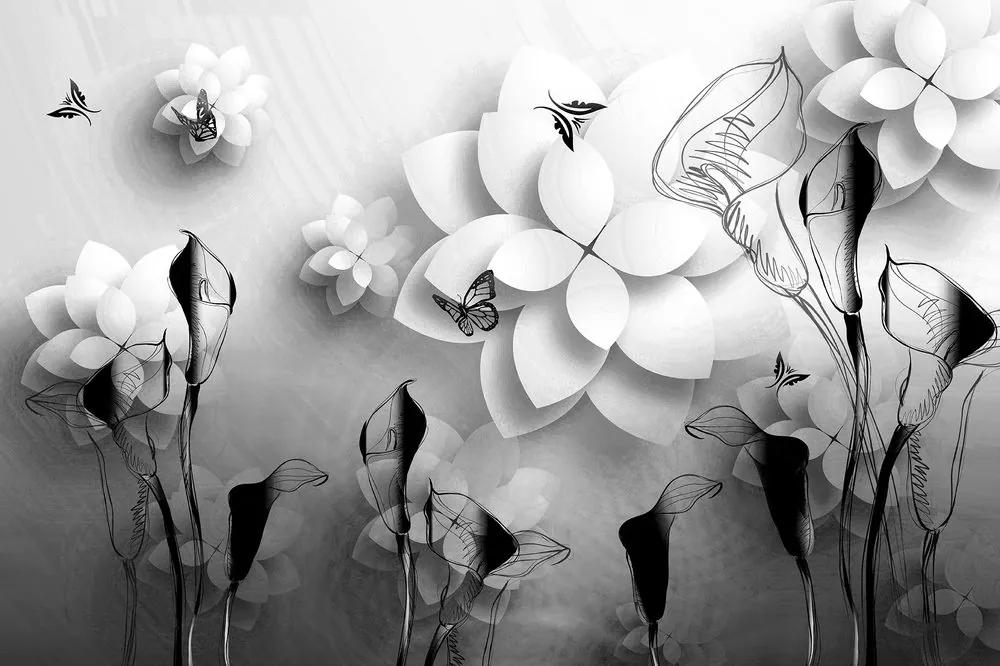 Samolepiaca tapeta čiernobiele abstraktné kvety - 300x200