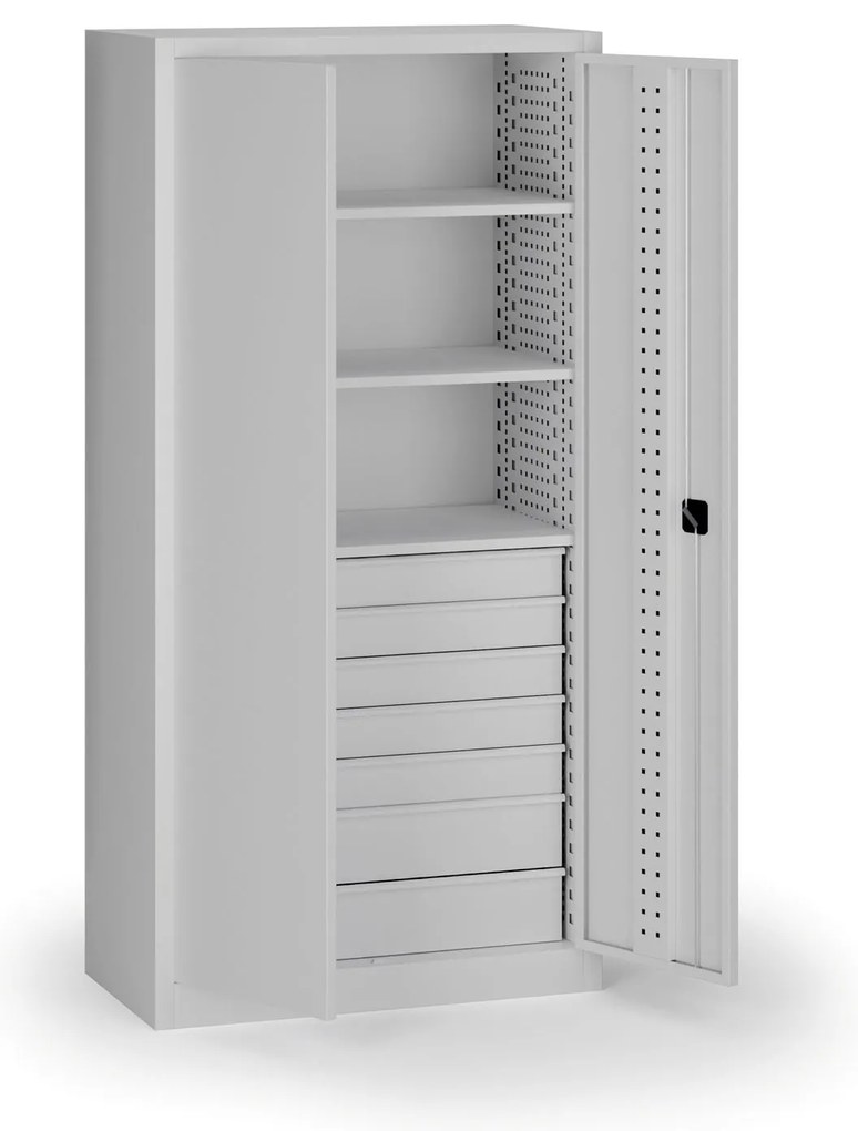 Policová dielenská skriňa 2-dverová, 3 police + 7 zásuviek, 1950 × 950 × 500 mm, sivé dvere