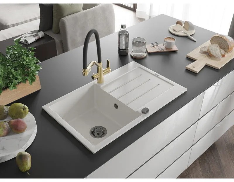 Mexen Bruno, 1-komorový granitový drez 795x495x200 mm a drezová batéria Duo, biela, 6513-20-671701-57-B