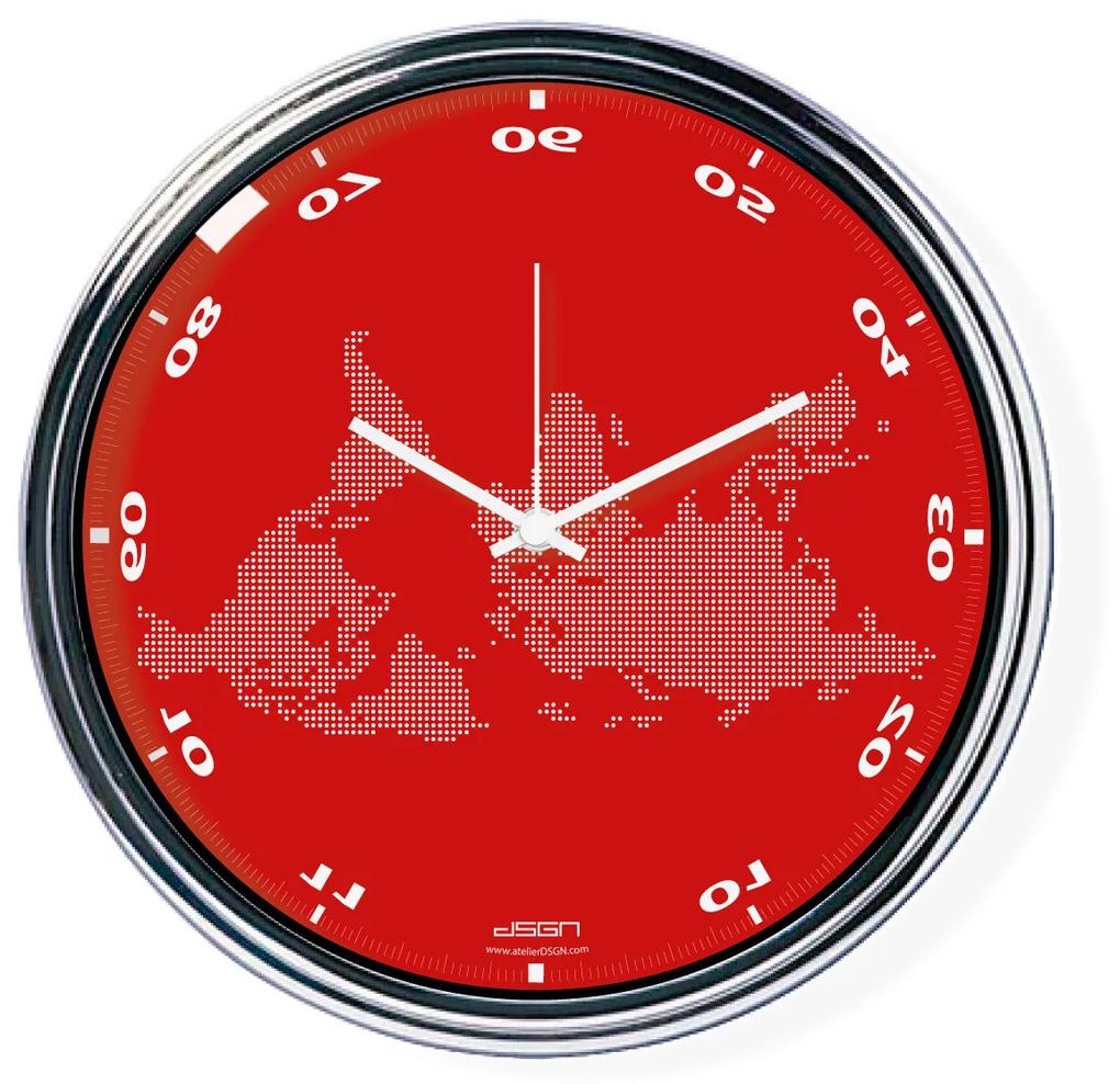 Červené vodorovne zrkadlené hodiny s mapou