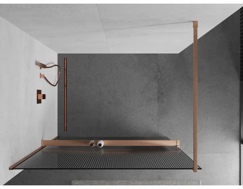Mexen Kioto+, sprchová zástena Walk-In s poličkou a vešiakom 110 x 200 cm, 8mm sklo s rebrovým vzorom, medený matný profil, 800-110-121-65-09