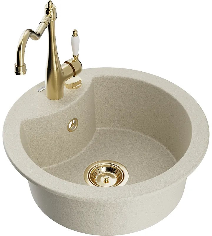 Mexen Diego, granitový drez 488x488x167 mm, 1-komorový a drezová batéria Carla, béžová, 6512-69-670700-50