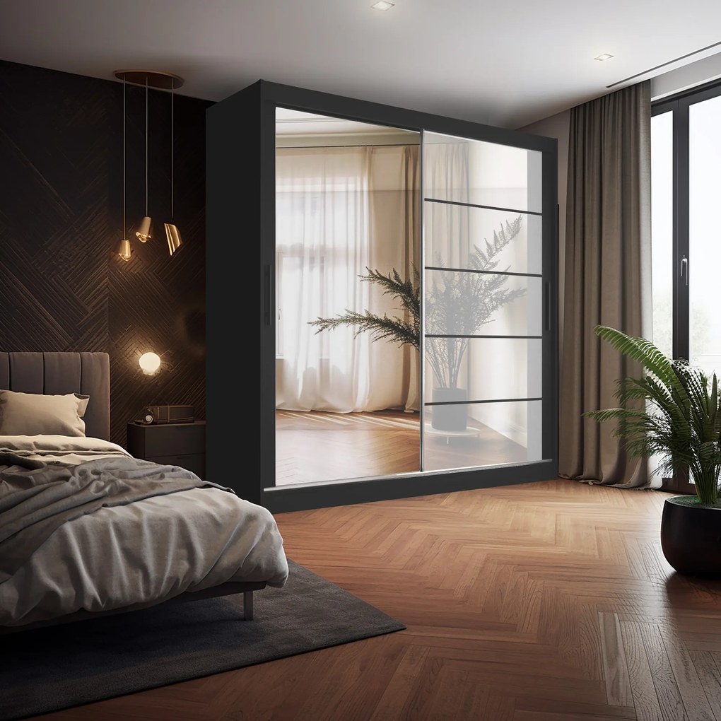 Šatníková skriňa 200 cm Belini čierny mat /biely lesk s posuvnými dverami zrkadlom a zásuvkami  MGB SZP5/1/B/1L5W/KLP