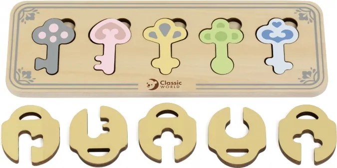 Drevené senzorické puzzle Montessori – zámky a kľúče