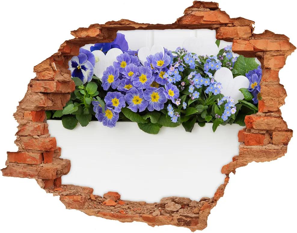 Nálepka 3D diera na stenu Modré kvety WallHole-cegla-90x70-99973378