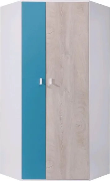 Rohová šatníková skriňa Planet, dub/biela/modrá