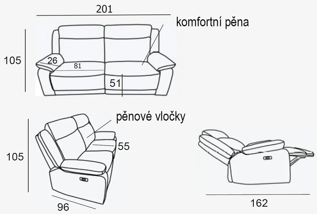 Kožená pohovka CONTINENTAL s elektrickou funkciou relax 3P, elektrické, čierna (nero 308)