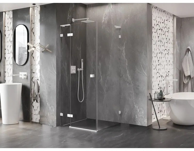 Mexen Lunar, L sklápací sprchový kút ľavý 80 x 80 cm, 8mm číre sklo, biely profil, 834L-080-080-20-00-L