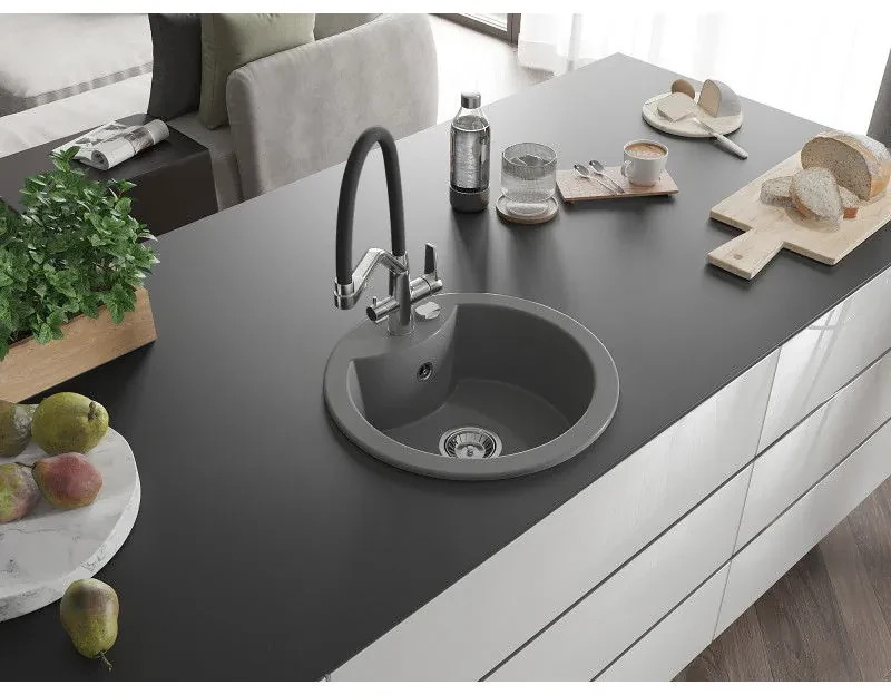 Mexen Diego, 1-komorový granitový drez 488x488x167 mm a drezová batéria Duo, šedá, 6512-71-671701-07
