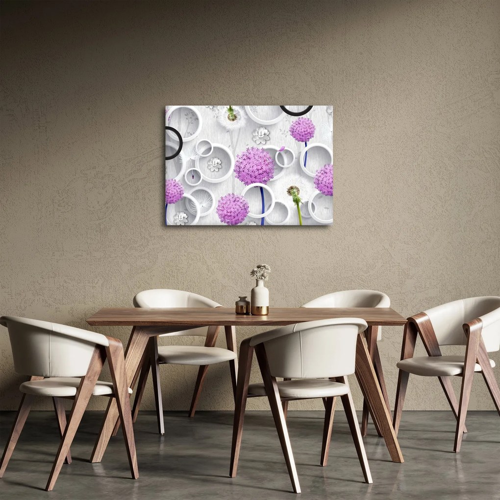 Obraz 3D abstrakcie s kruhmi a kvetinami (70x50 cm)