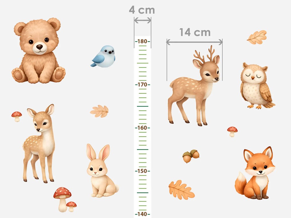 Metr veselá zvířátka z lesa textilní prelepiteľné nálepky na stenu výška 160 cm