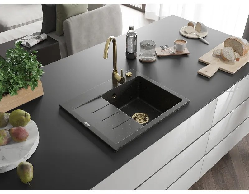 Mexen Ben, 1-komorový granitový drez 600x500x190 mm, pravý + zlatý sifón, čierna-zlatá metalíza, 6523605000-75-G