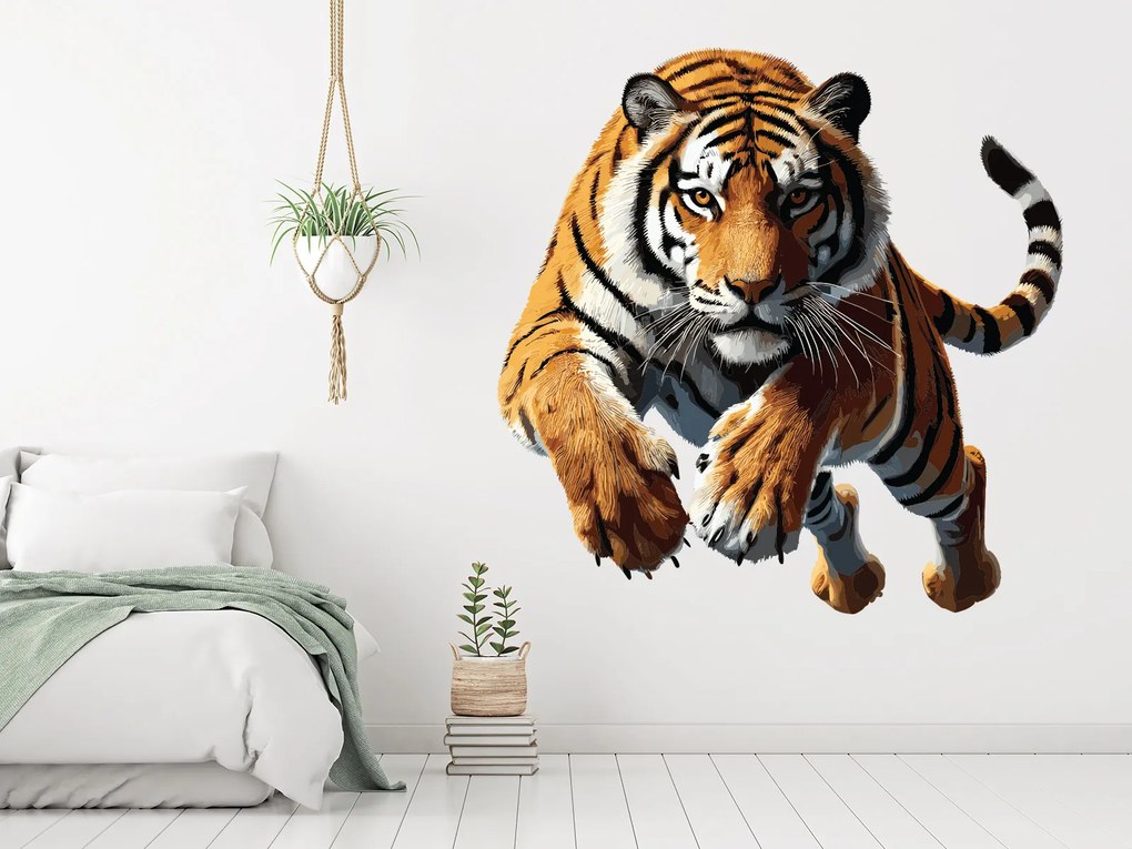 Tiger v skoku textilní prelepiteľná nálepka na stenu hárok 45 x 45 cm