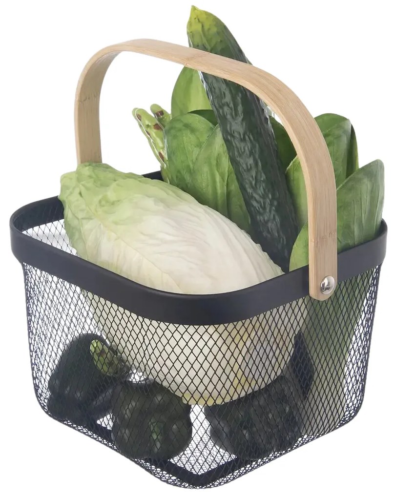 Orion Kovový košík s drevenou rukoväťou, štvorcový, čierny 27 x 25 x 17 cm