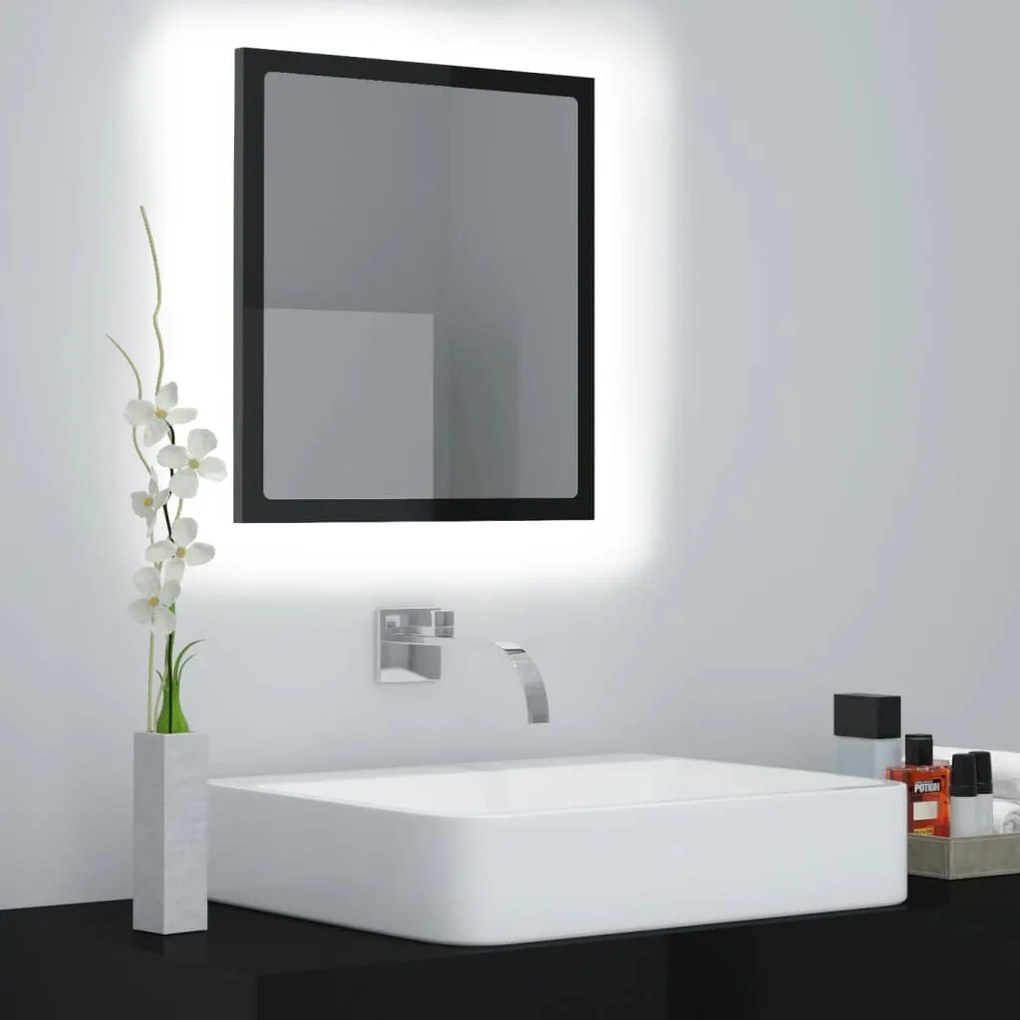vidaXL LED kúpeľňové zrkadlo vysoko lesklé čierne 40x8,5x37 cm drevotrieska