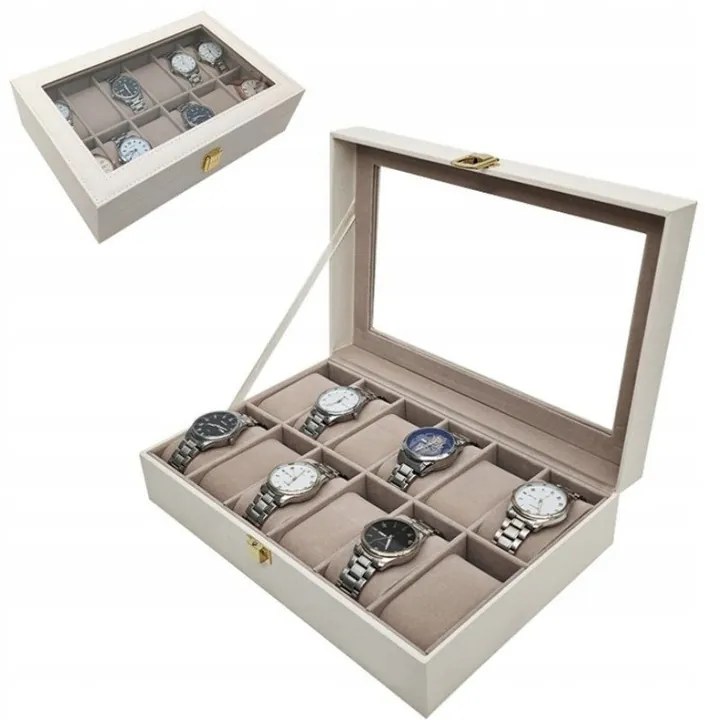 eCarla Organizér na hodinky, box, puzdro na 12ks hodiniek, ekokoža, biela