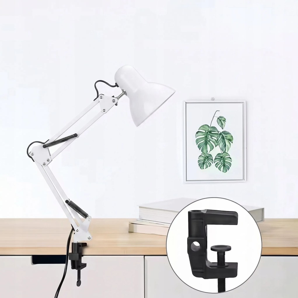 Smart LED Biela kovová stolná lampa nastaviteľná s klipom 1xE27