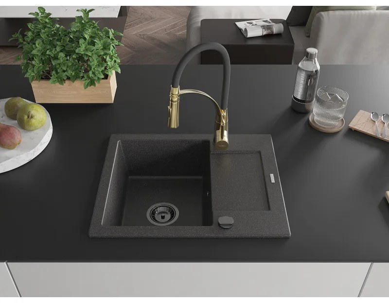 Mexen Enzo, 1-komorový granitový drez 576x465x174 mm a drezová batéria Aster, čierna škvrnitá, 6506-76-73450-57-B