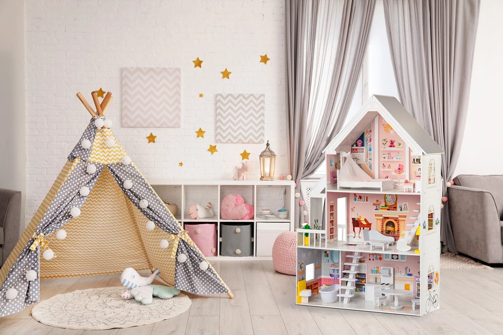 Drevený domček pre bábiky ECOTOYS – Púdrová rezidencia XXL, 3-poschodový, 15 ks nábytku