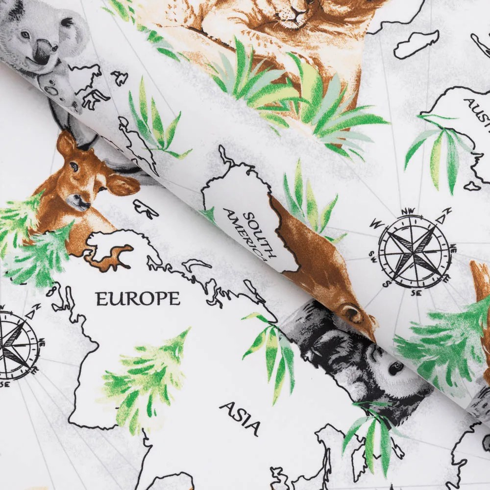 Biante Bavlnený behúň na stôl Sandra SA-546 Zvieratá sveta na bielom 45x120 cm