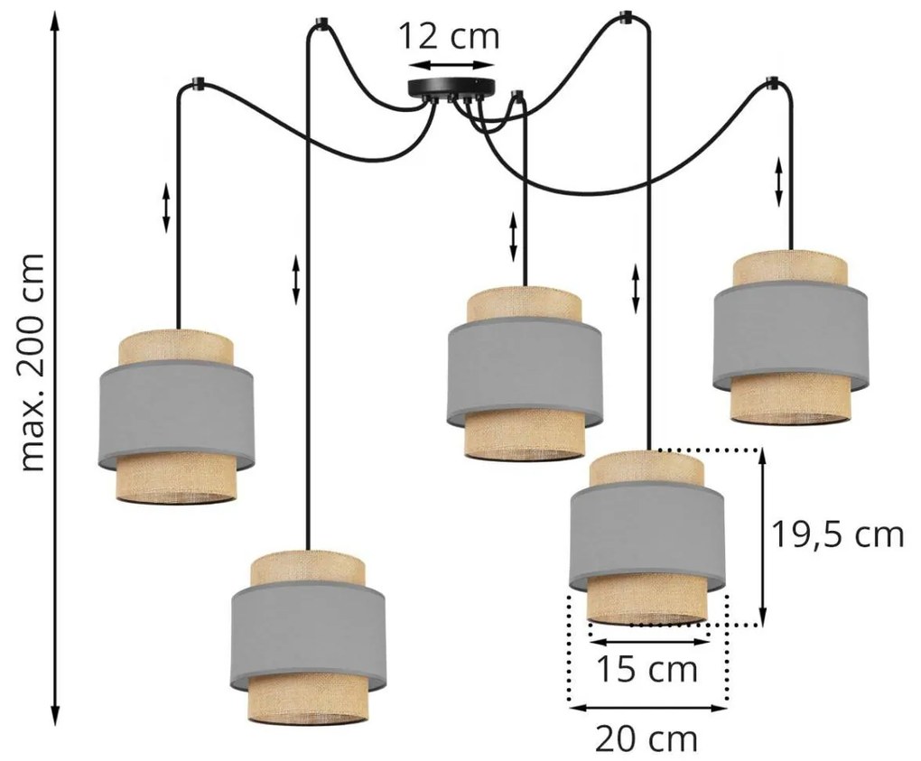 Závesné svietidlo BOHO SPIDER, 5x jutové/sivé textilné tienidlo