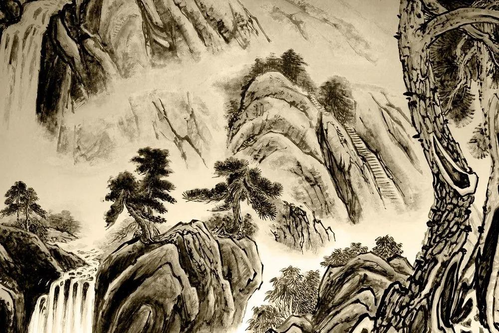 Obraz čínska krajinomaľba v sépiovom prevedení - 120x80