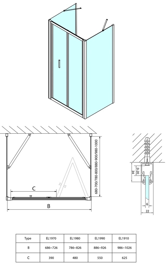 Polysan EASY, 3-stenový sprchový kút 800x900mm, skladacie dvere, L/P varianta, číre sklo, EL1980EL3315EL3315