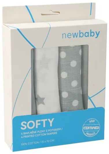 NEW BABY Látkové bavlnené plienky New Baby Softy s potiskom 70 x 70 cm 4 ks šedo-biele