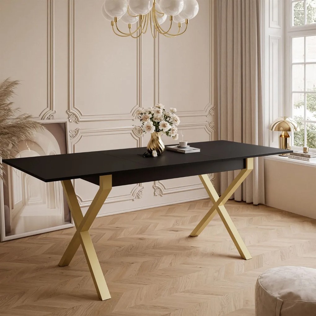 ROZKLADACÍ JEDÁLENSKÝ STÔL DANILO ČIERNY + ZLATÉ X NOHY 140 / 195 cm