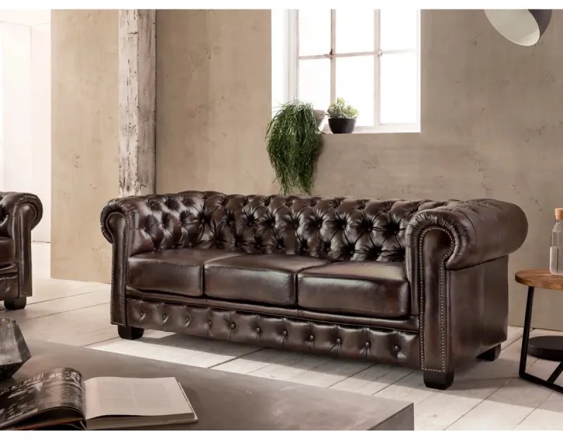 furniture-nabytek.cz - Masívna Chesterfield pohovka, 6-miestna, pravá koža, hnedá