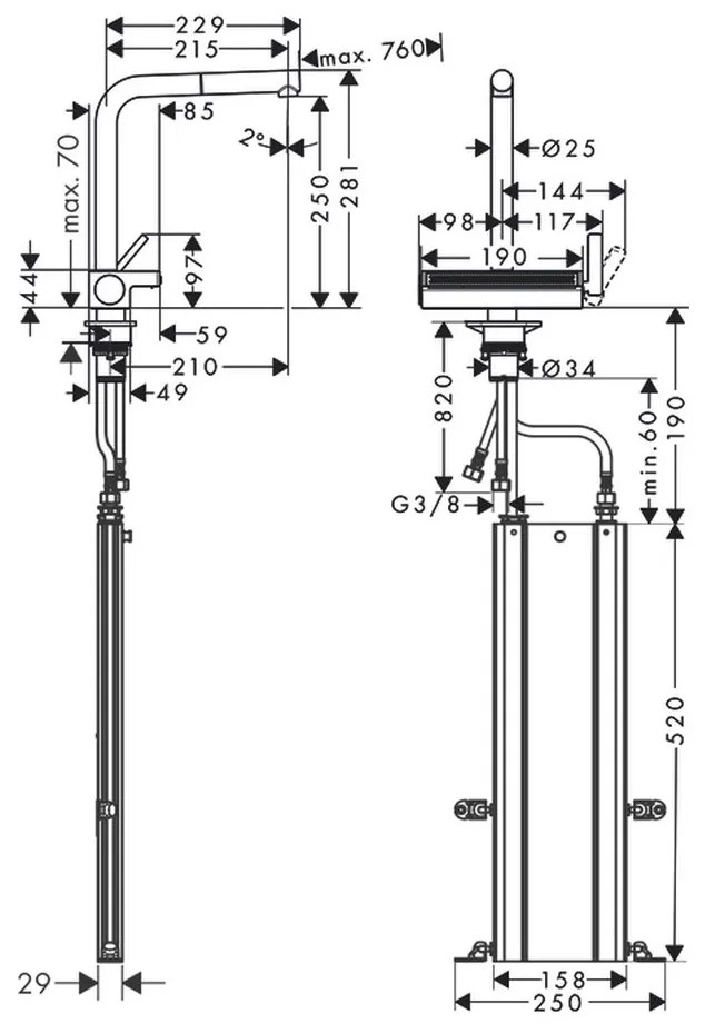 Hansgrohe M81, drezová batéria Aquno Select s výsuvnou koncovkou a plochým sprchovým prúdom, sBox, vzhľad nerezový, HAN-73830800