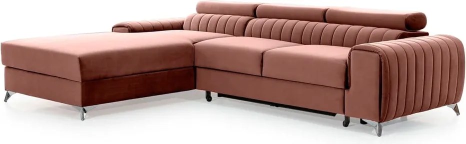 Ružová zamatová rozkladacia/s úložným priestorom rohová pohovka (ľavý roh/s leňoškou) Grayson – ELTAP